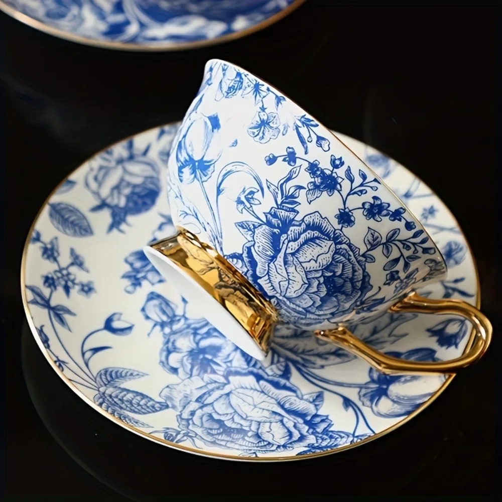 

1pc Bone China Cup and Saucer , Ceramic Tea Coffee Cup for Wedding, Vintage Blue and White Porcelain Flower Pattern