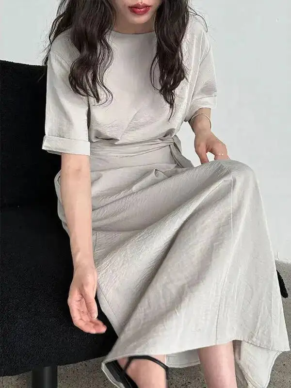 عبر التعادل قصيرة الأكمام فستان طويل الصيف الخصر التخسيس ألف خط تي شيرت فستان عادية الكورية فساتين النساء 2025 جديد 3EEA