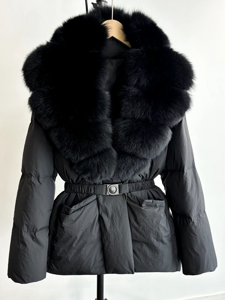 Lagabogy 2025 Large Real Fox Fur Winter Belt Waist-Tight Elegant Warm 90% White Duck Down Jacket Female V-neck Loose Puffer Coat