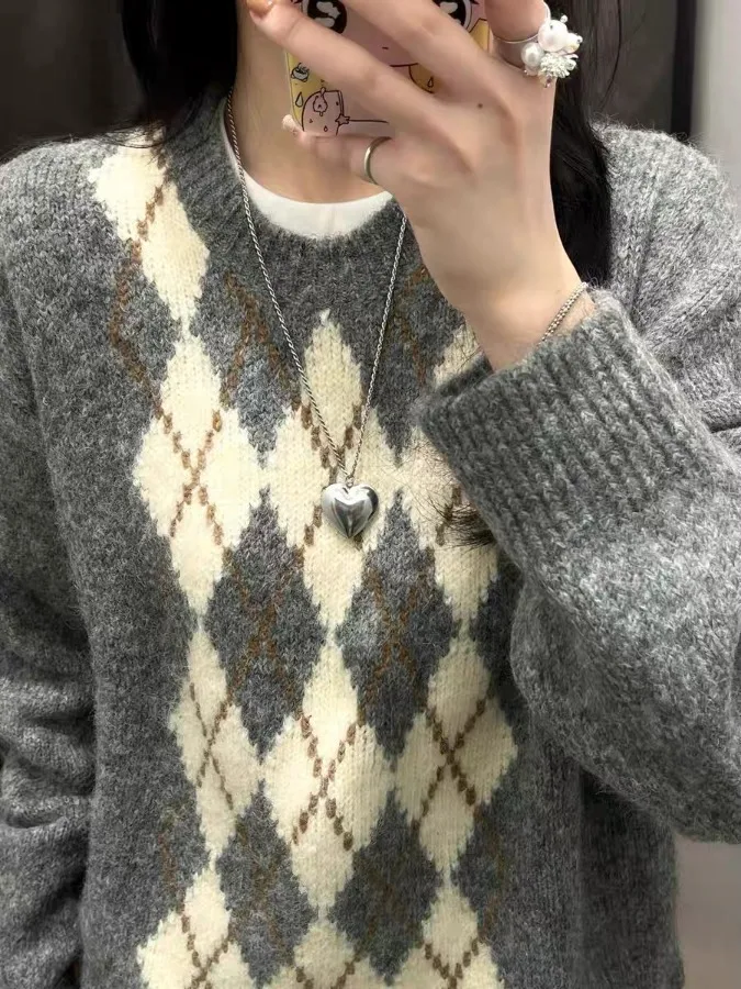 Suéter de Mujer con Patrón de Diamantes Fair Isle, Estilo Hoado, Tejido de Punto, Estilo Dulce, Manga Larga