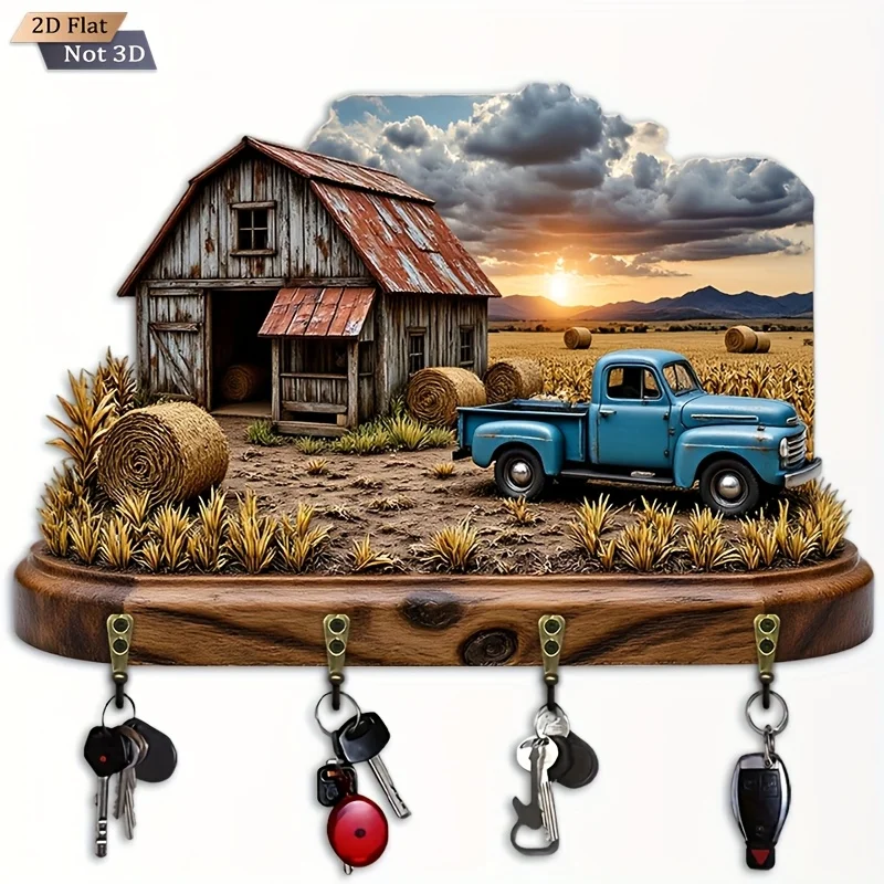 2D Flat. 1pc. Vintage Country Barn Truck Key Hook - Wooden Multi-Functional Decorative Key Holder with Four Metal Hooks, Wall