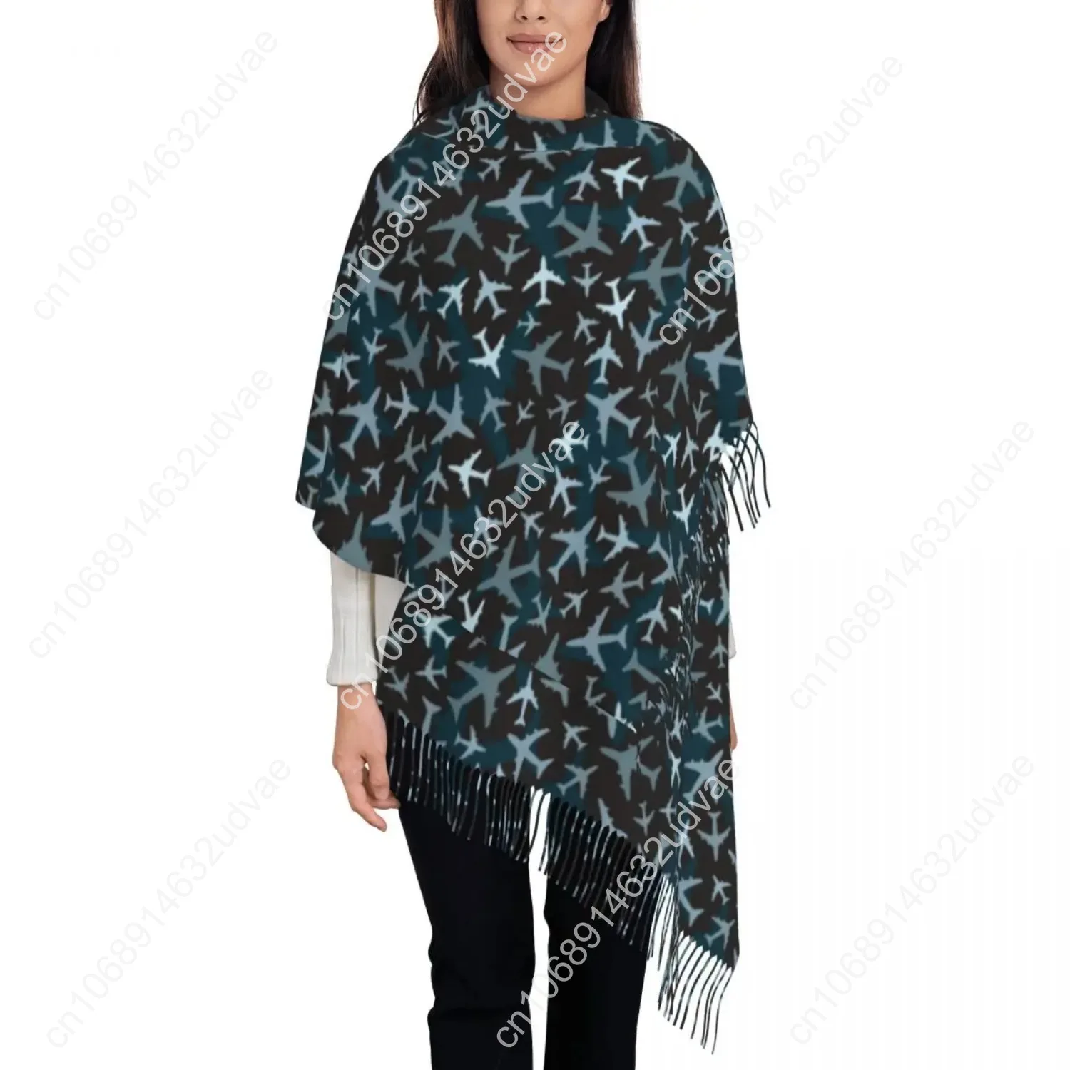 

Custom Stylish Airplane Camouflage Tassel Scarf Women Winter Warm Shawl Wrap Female Aviation Plane Aviator Pilot Scarves