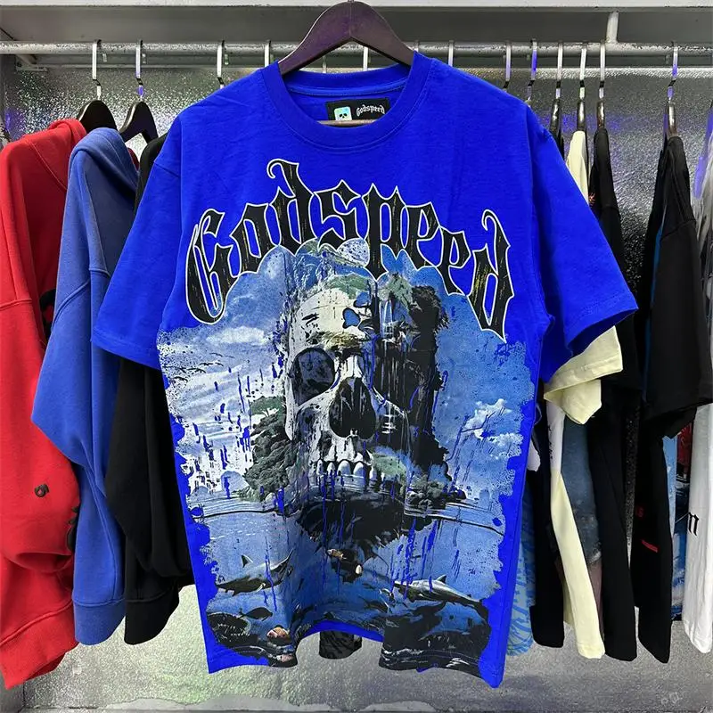

Luxury Design GOD SPEED Men's T-shirts Skeleton Landscape Print Retro Vintage Logo Top Tees Designer Brand Men's T-shirts