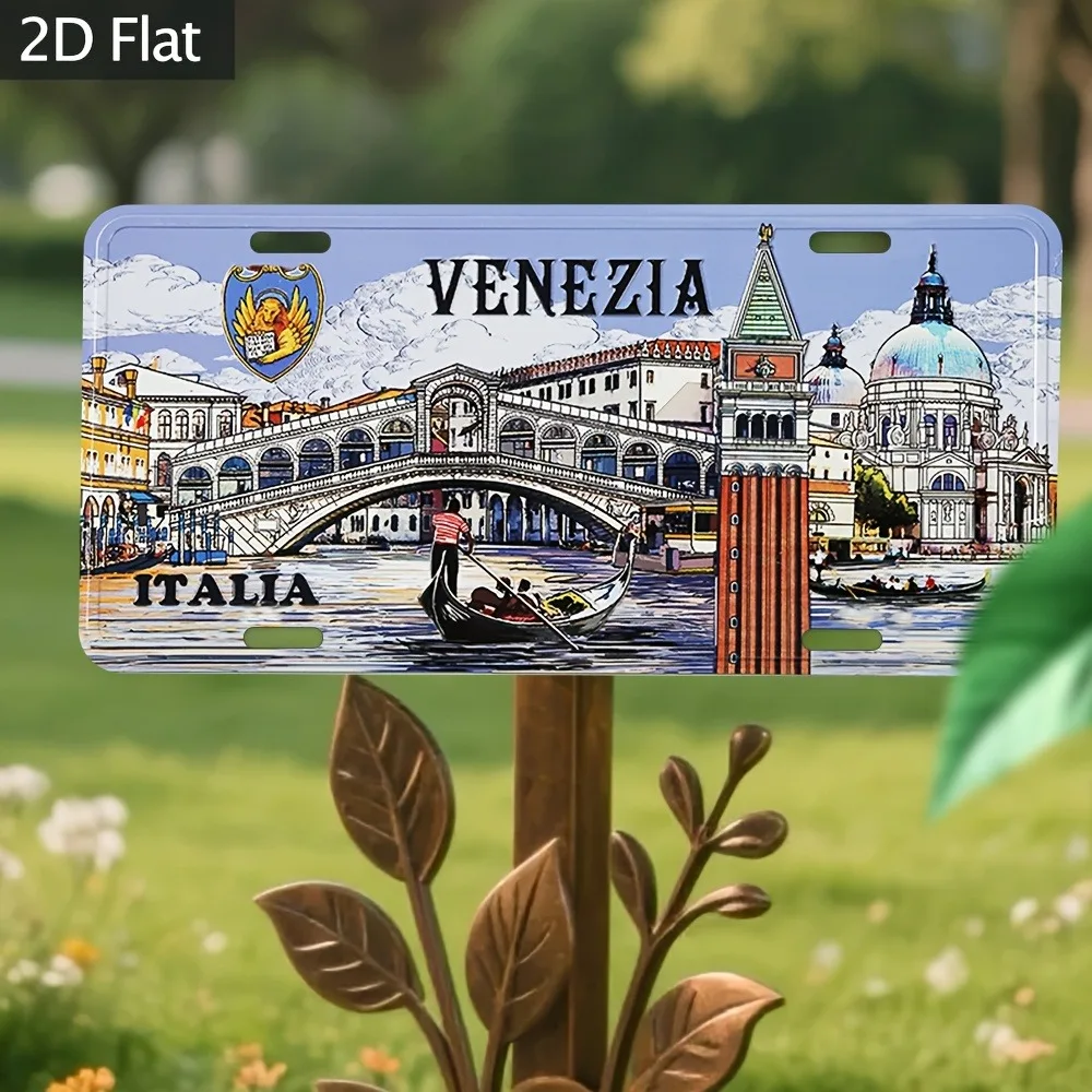 2D Flat - 2D Plane, Retro Italian Venice Italy Iron Plate Replica - 12.0X6.0 inch Iron Plate Wall Decoration, with Gondola And R