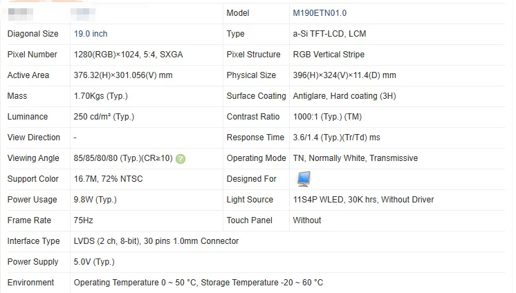 M190ETN01.0 19 Inch 1280x1024 PixeNumber 5:4 Display Scree