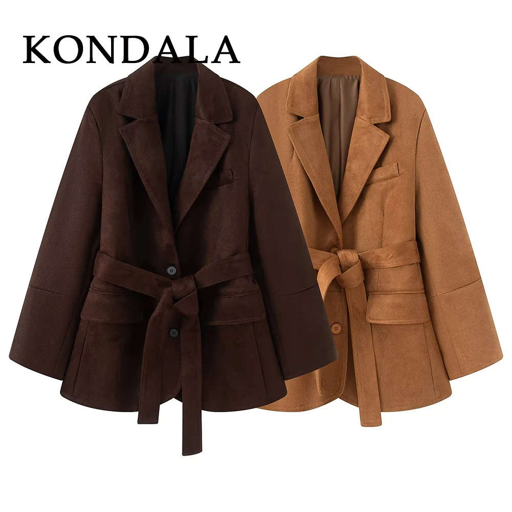 

KONDALA винтажные однотонные женские модные осенние офисные женские однобортные пиджаки 2023 года, элегантная прямая женская верхняя одежда с поясом