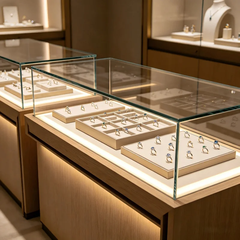 custom.Showcases Wood and Glass Display Rings Jewelry Retail