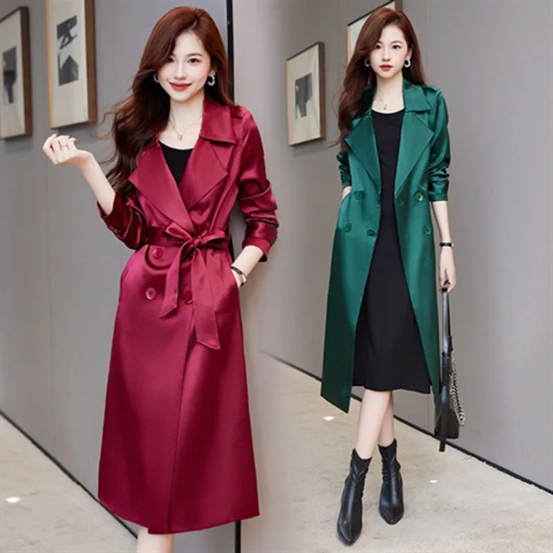 

2024 New Fashion X-Long Trench Coat Women Spring Autumn Glossy Double Breasted Blue Windbreaker Slim Belt Casual Outwear