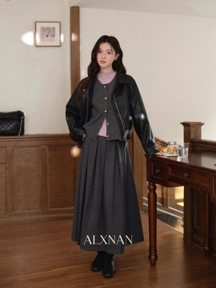 ALXNAN 여성용 니트웨어 가을 터틀넥 러플 트림 커프스 솔리드 긴 소매 티셔츠 슬림 레이어링 여성 의류 L58150