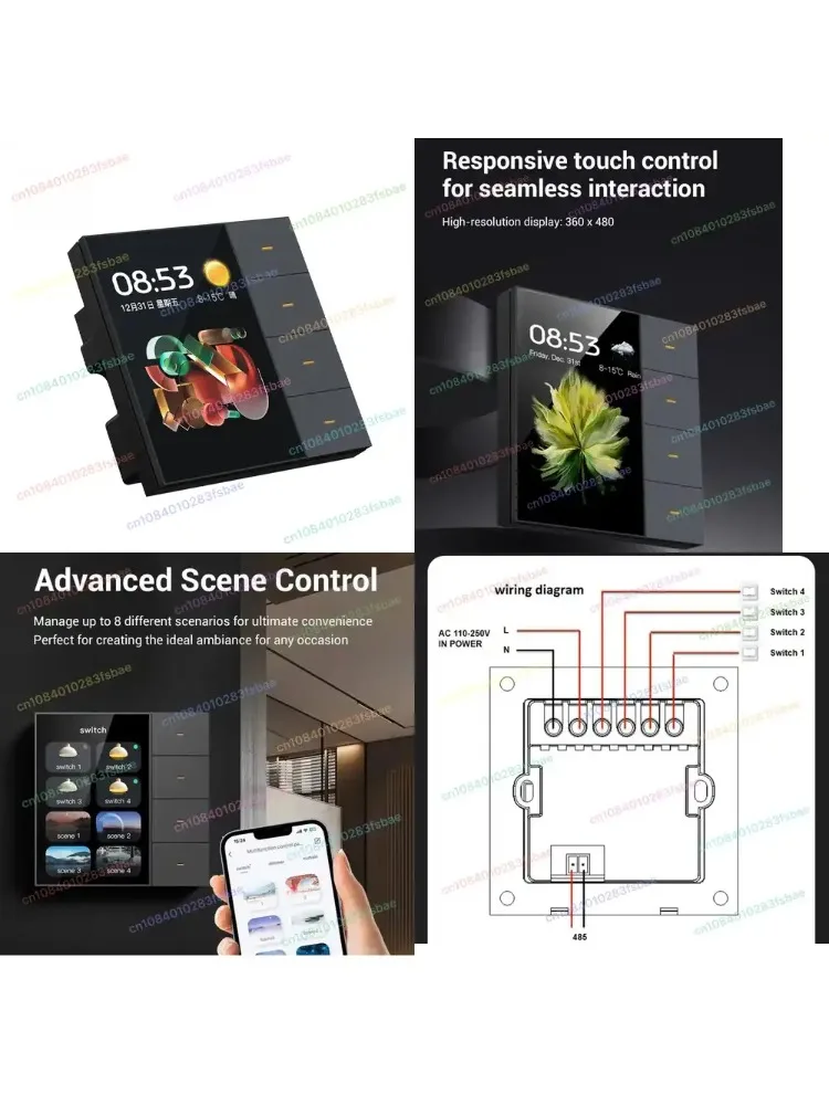 

Smart Wall Switch Touch Screen for 4 Groups 8-Way Scene Control Sensor Dimmer Switch for Curtains Smart Home Automation