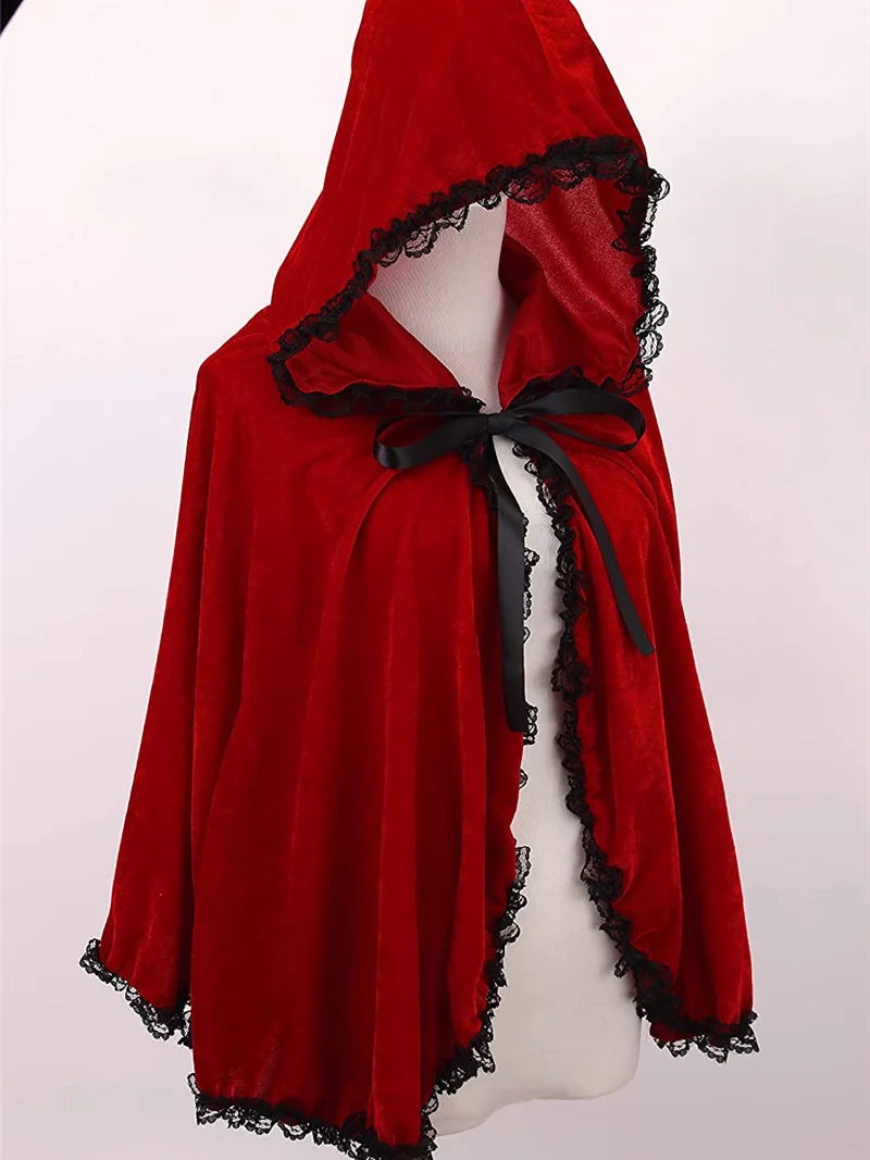 New Ladies Halloween Costume Little Red Riding Hood Princess Hooded Shawl Stage Performance Lace Trim Cloak Jacket Women's Fa...