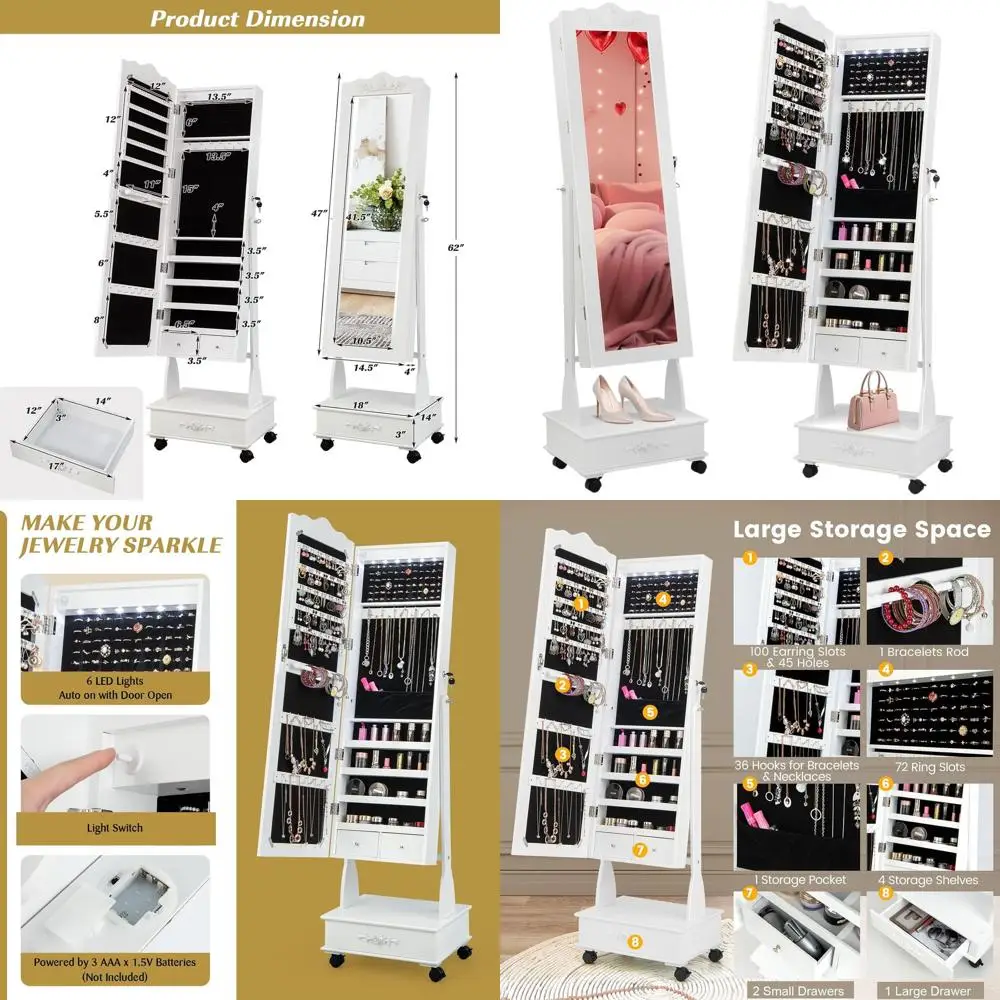 

Портативный запираемый шкаф для ювелирных изделий с зеркалом в полный рост, с подсветкой, на колесах, белый