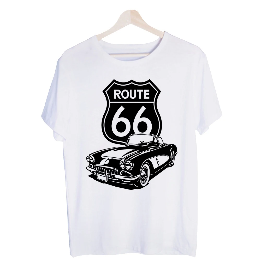 Men's Classic Car and Route Sign Graphic Tee, Short Sleeve Vintage Style T-Shirt for Casual Travel and Weekend Outfits