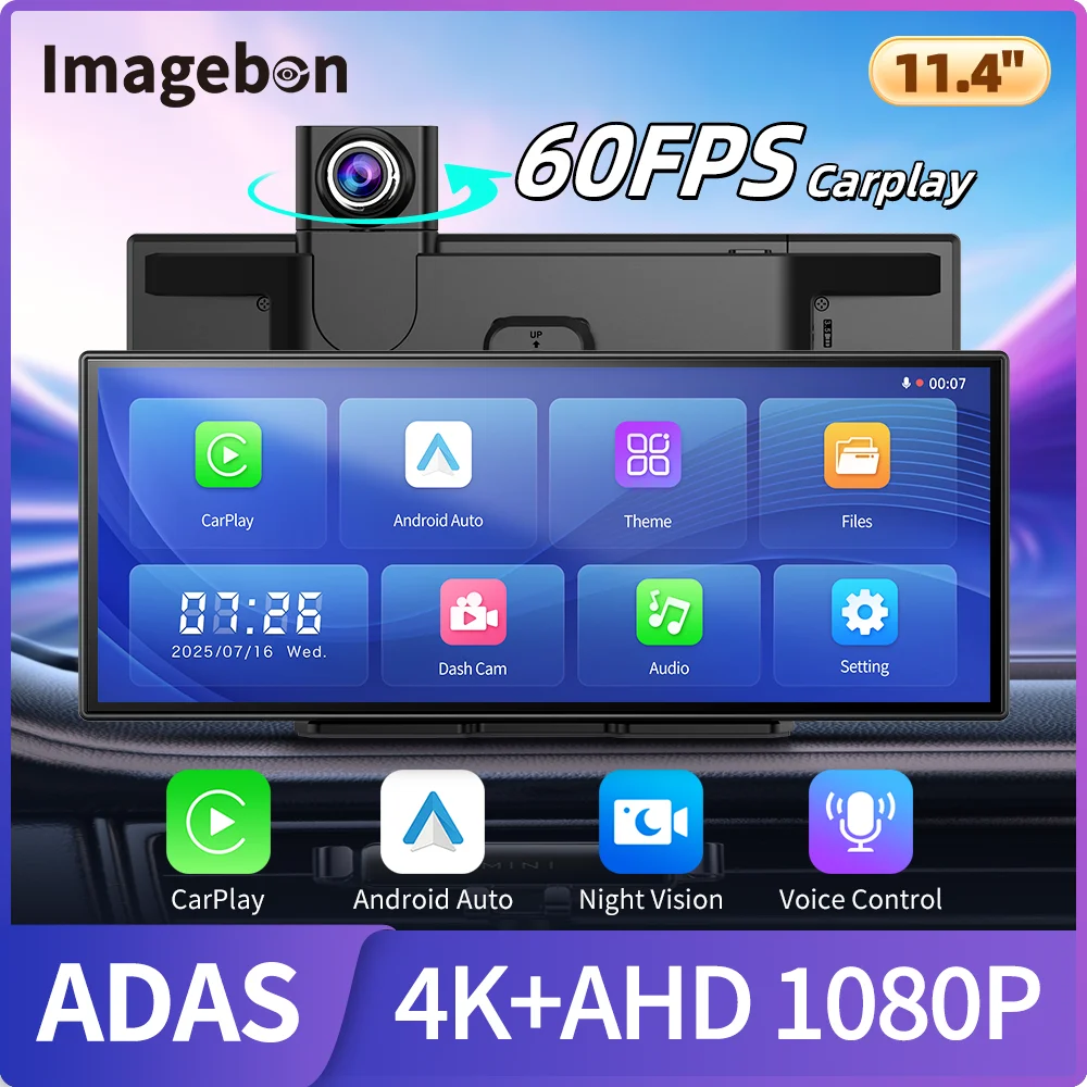 Imagebon H70 Plus 60FPS Carplay 11,4" ADAS Auto-DVR Dual-Linsen-Aufnahme Kabelloses CarPlay & Android Auto Dashcam GPS-Navigation