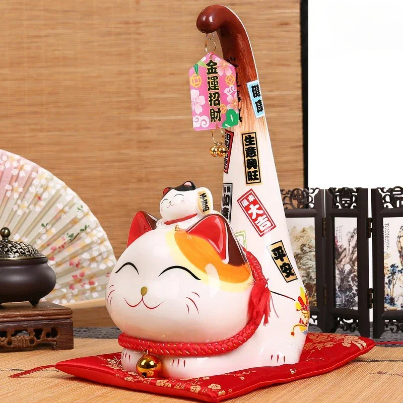 1pc Japanese Style Maneki Neko Ceramic Lucky Cat with Long Tail Fortune Cat Feng Shui Statue Tabletop Ornament Home Decoration