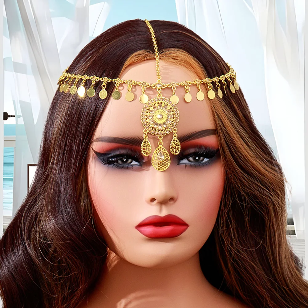 

New Fashion Arabic Head Jewelry Gold Color Alloy Rhinestone Crystal Droplet Coin Tassel Head Chain Bride Wedding Accessories