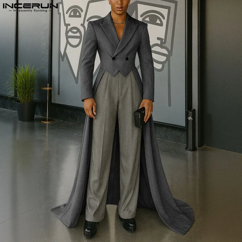 

INCERUN мужской нерегулярный пиджак с однотонными лацканами и длинными рукавами, повседневный костюм, мужская уличная одежда, элегантные модные мужские пальто, длинный стильный пиджак