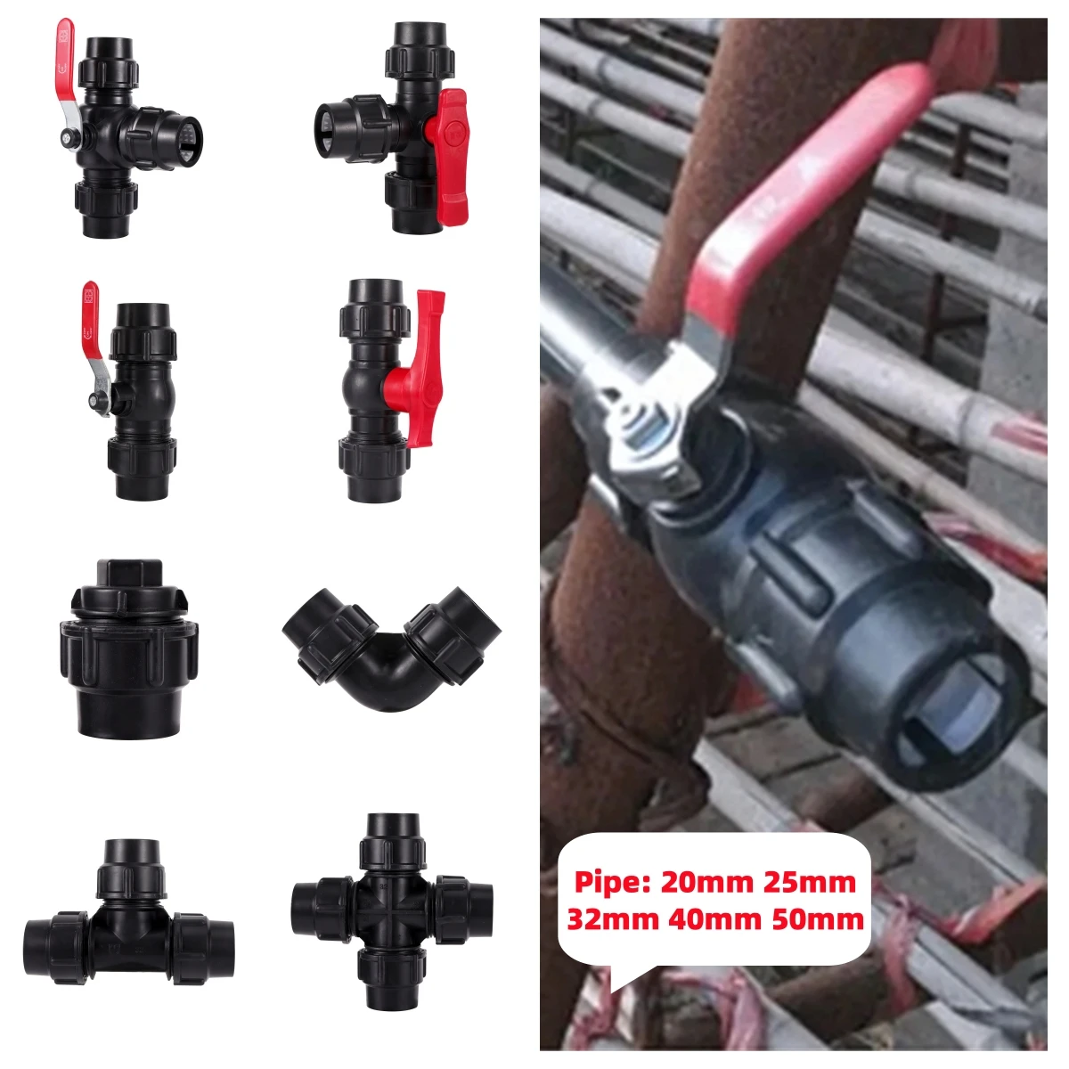 

1Pc PVC PE Tube Tap Water Splitter 20/25/32/40/50mm Plastic Quick Valve Joint Agriculture Irrigation Water Pipe Fittings Black