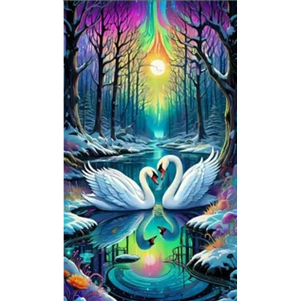 5D DIY Diamond Painting Tree Lover Swan Lake Full Round Diamond Mosaic Scenery Embroidery Kit Rhinestone Home Art Decoration