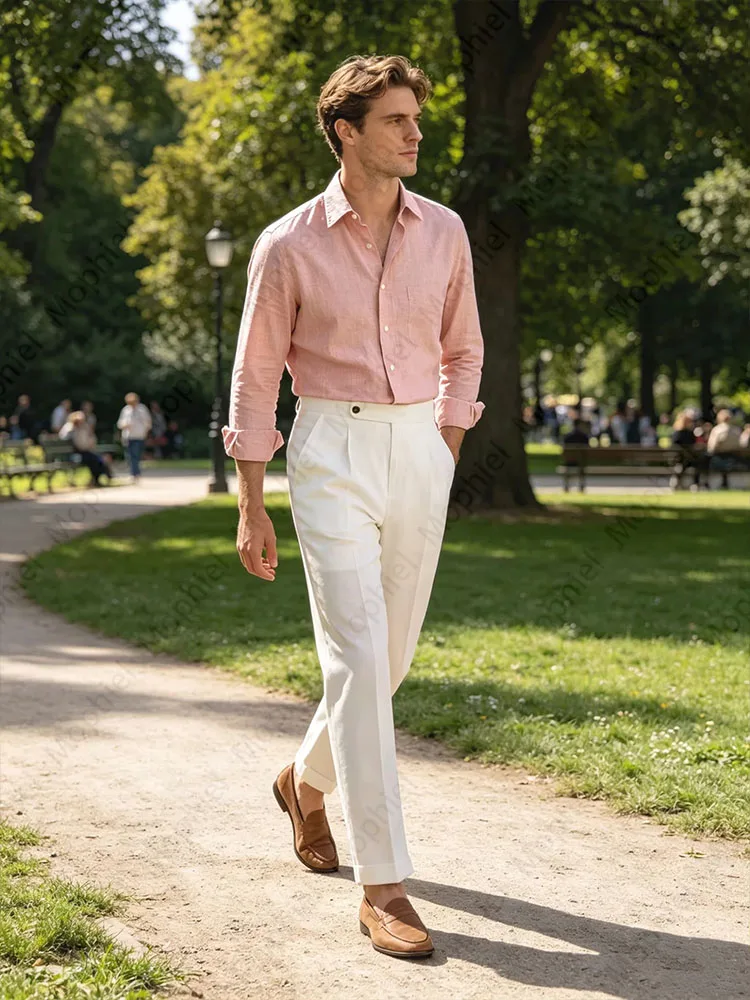 Men's Linen Casual Dress Pants Elastic Waist Lightweight Loose Fit Pleated Slacks Summer Beach Business Work Trousers Daily Wear