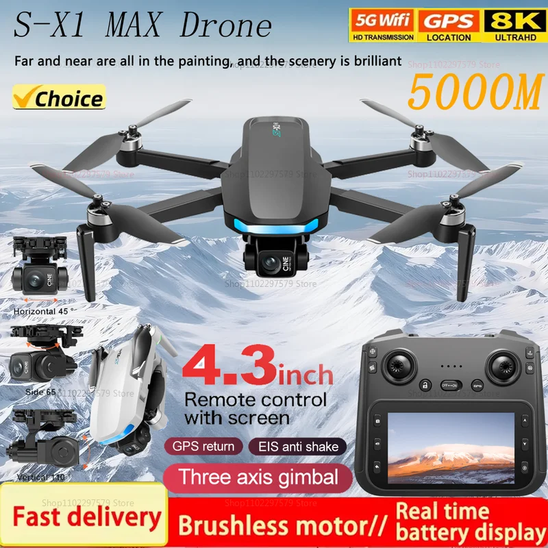 Dron S-X1 con pantalla grande, cardán de 3 ejes, 5G, GPS, 8K, HD, EIS, cuadricóptero, fotografía aérea antivibración y regalo de videografía