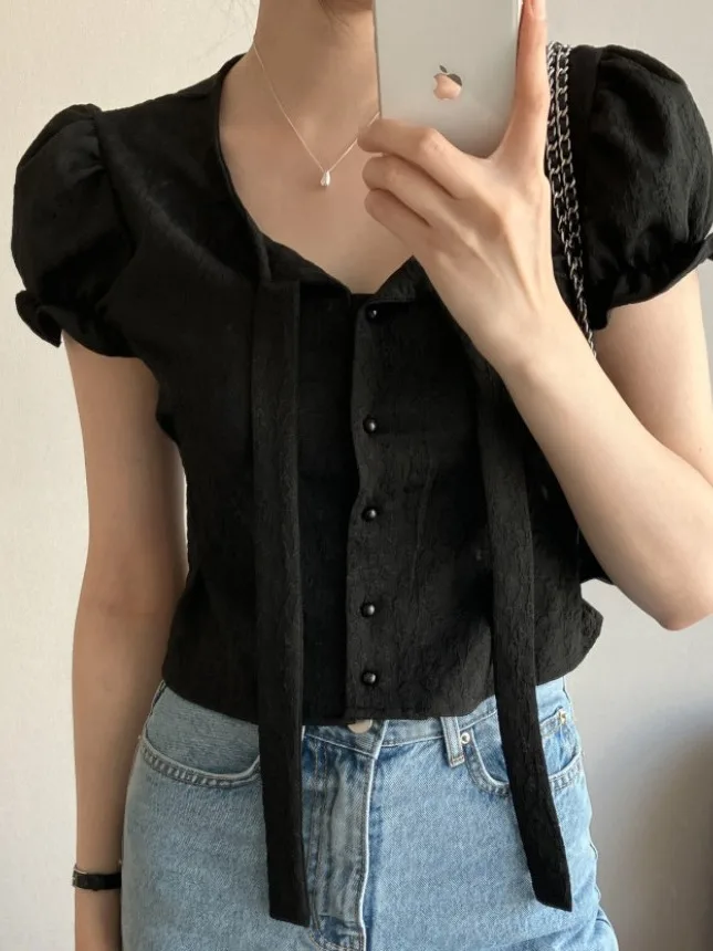 Csa branca de manga curta bolha fena verão novo estilo decote em v cor pura detalhe de avata único botão topo para p...