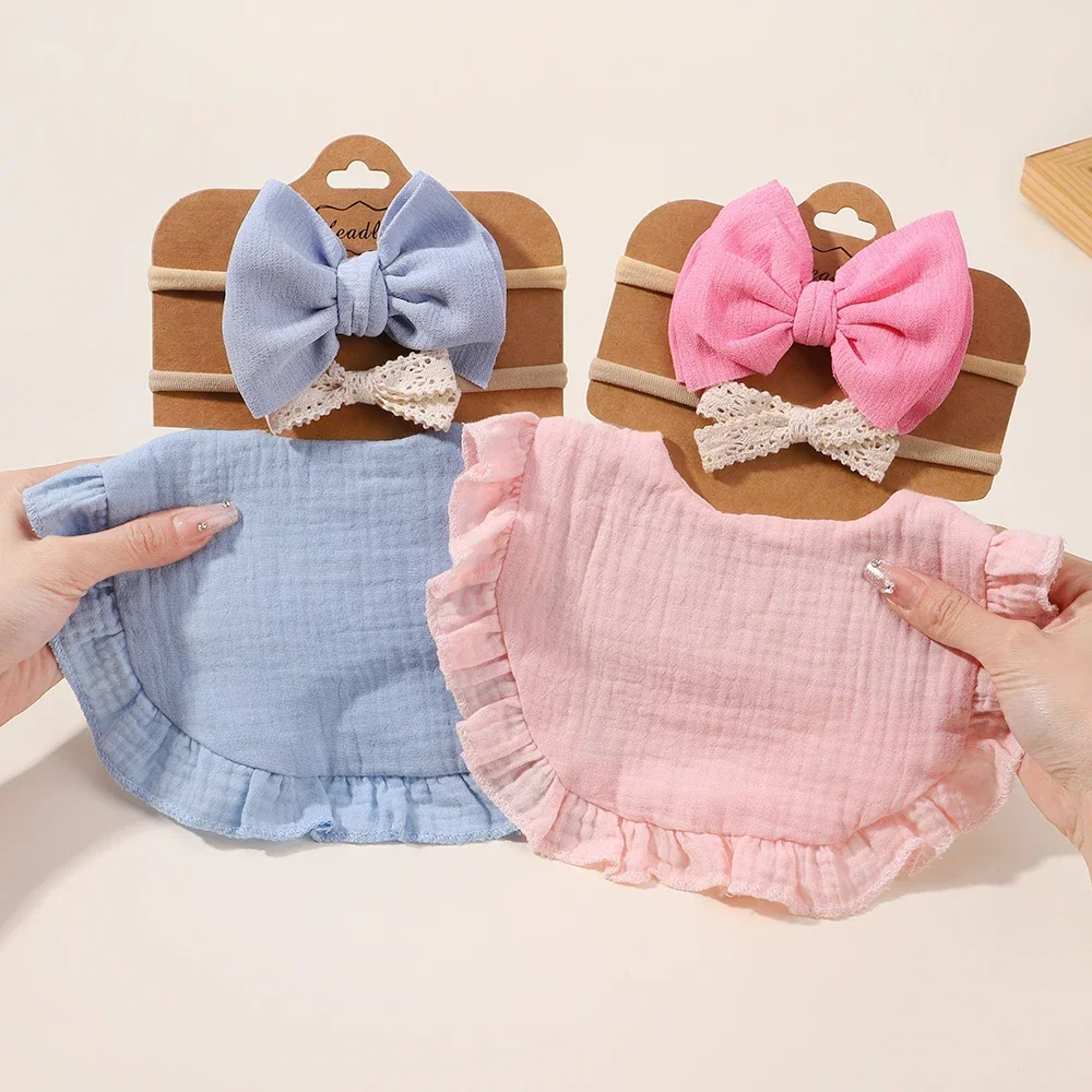 1/3Pcs Baby Headband Saliva Towel Set Floral Print Newborn Double Side Bibs Boys Girls Bandana Burp Cloths Feeding Smock Stuff