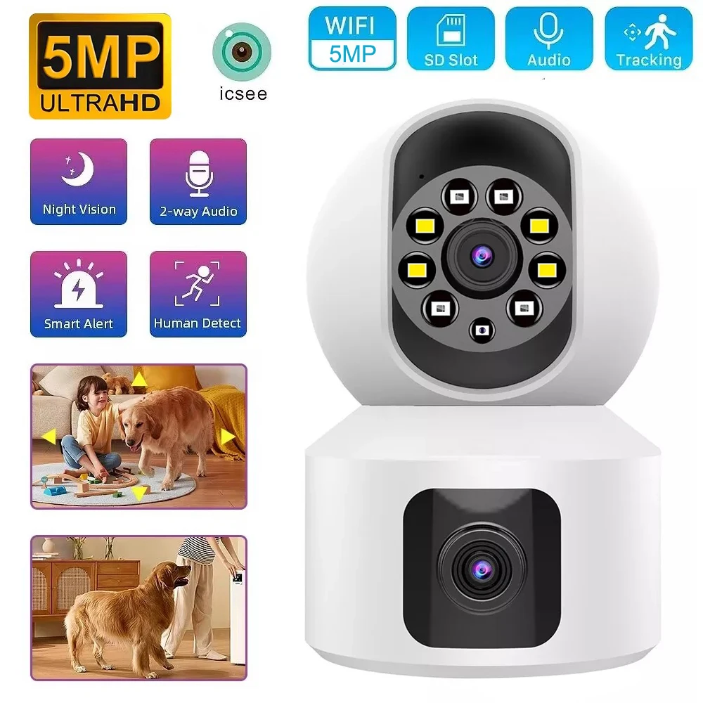 

4K 5MP WiFi IP Camera Dual Screen Indoor Two Way Audio Wireless CCTV Video Surveillance Security Monitor with Infrared Night