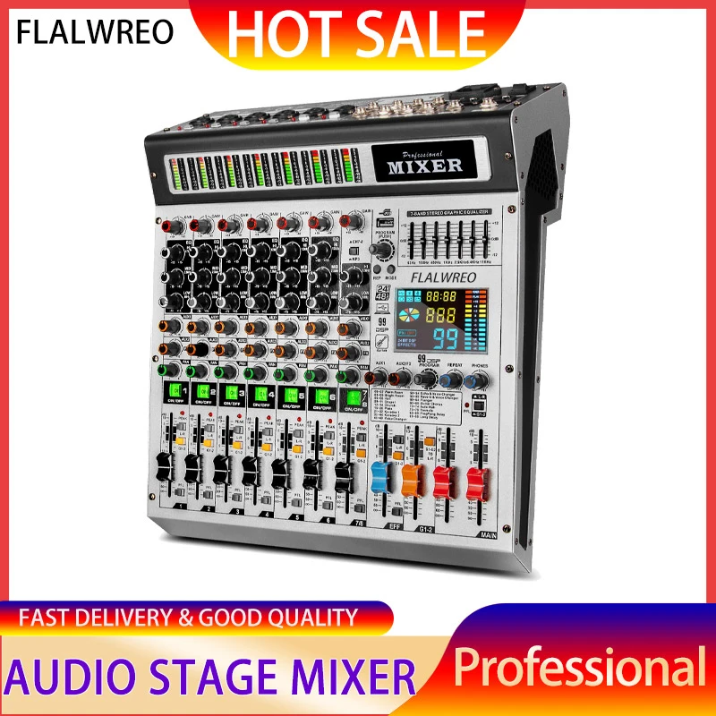 

FLALWREO 8 Channel Mixer Dj Mixing Console Bluetooth 48V Phantom Power Usb Mixer Audio For Stage Performance