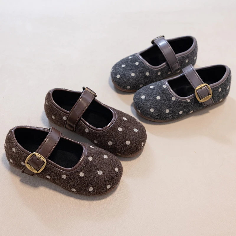 Girls Fuzzy Leather Shoes with Buckle 2026 New Winter Toddler Ballet Flats with Polka Dot Soft Sole Trendy Princess School Party