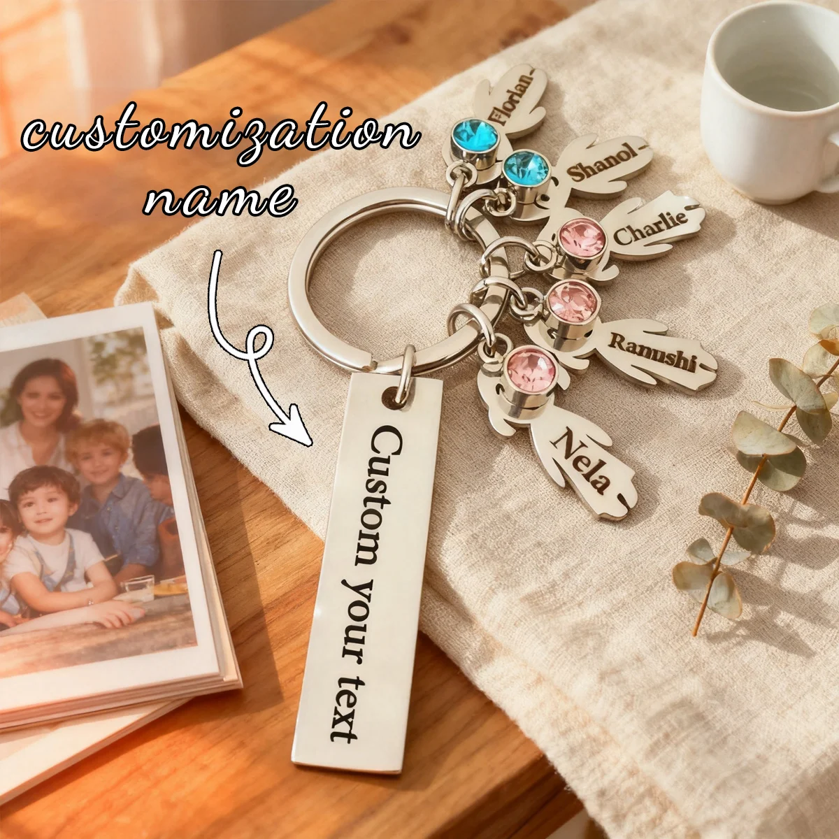 Family Custom Birthstone Name Keyring Stylish Stainless Steel Multi Charms Decorative Jewelry Gift For Mother Daily Accessory