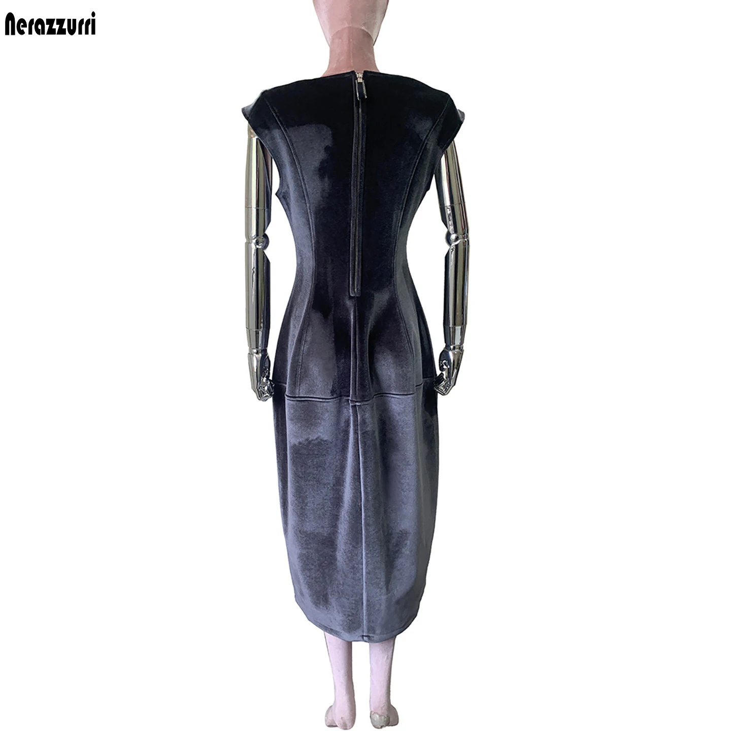 Nerazzurri Summer Autumn Long Luxury Elegant Luxury Fitted Dark Gray Sleeveless Soft Velvet Modest Dresses for Woman High Waist