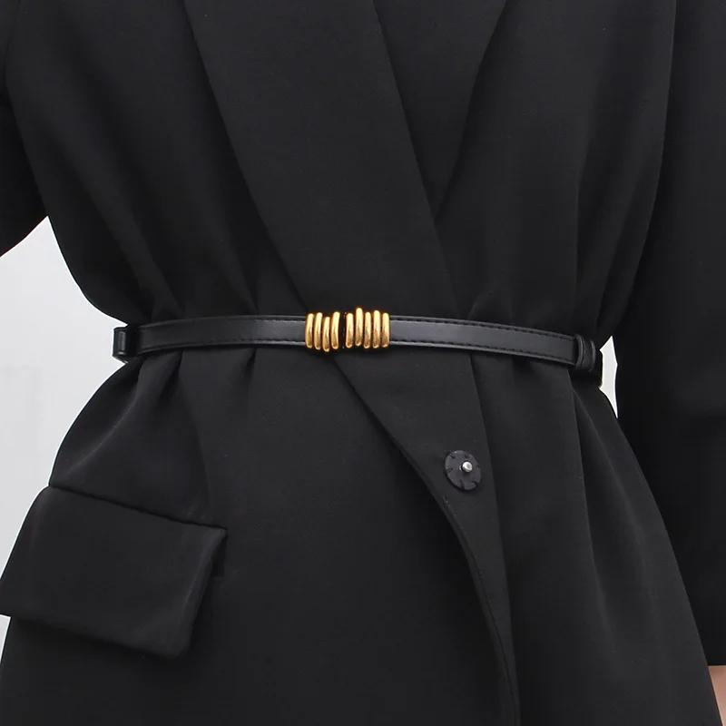 Woman Belt Vintage Brass Lock Buckle PU Leather Thin Belts Adjustable Waistband For Ladies Dress Coat Suit Decor Strap