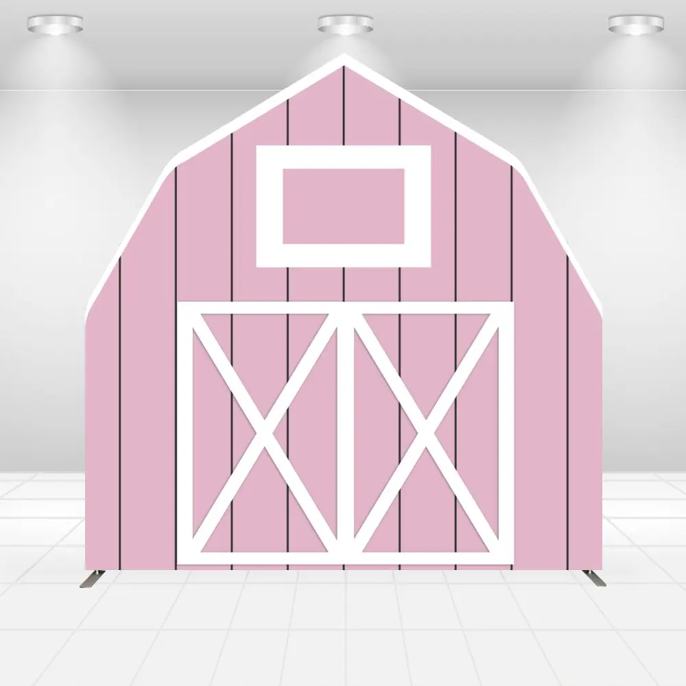 Barn House Arch Stand Printed Backdrop Pink Farm Barn Arch Party Banner Cover for Kids Birthday, Baby Shower, Wedding Photobooth