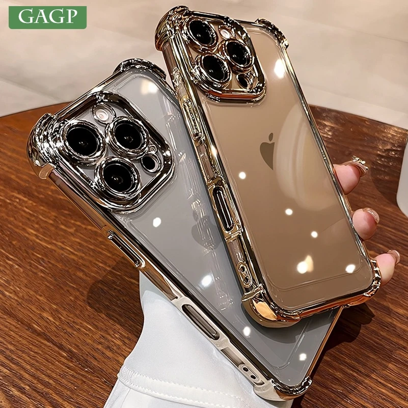 Luxury Plating Airbag Soft Silicone Case for iPhone 16 Pro Max 11 12 13 14 15 Pro Xs Max X Xr 16 Plus Glass Lens Protector Cover