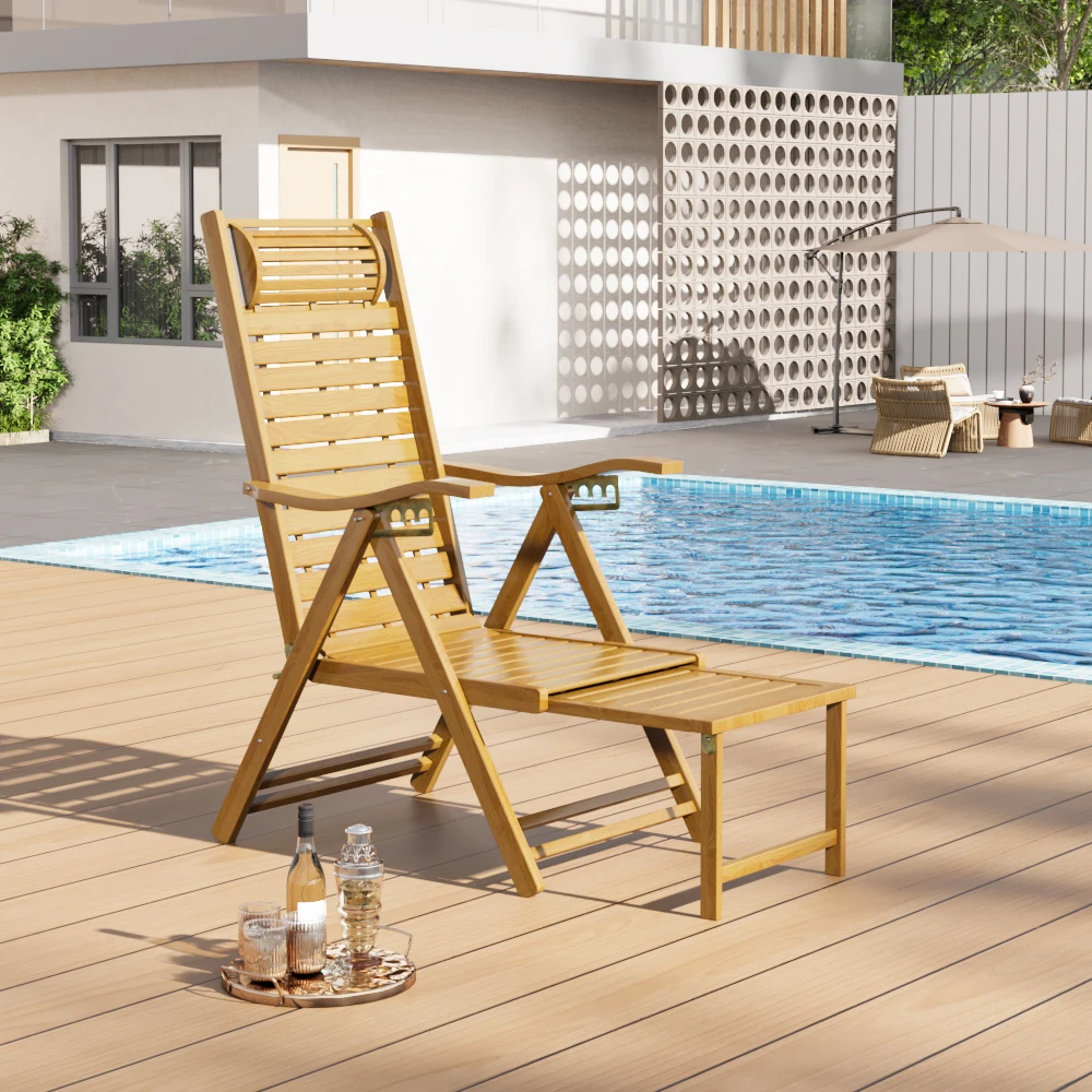 Klappbarer Bambus-Loungesessel für den Außenbereich, Garten, Terrasse, Sonnenliege mit einziehbarer Fußstütze