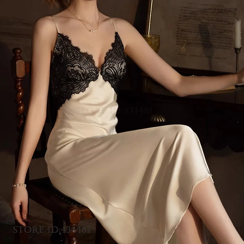Elegant Female Long 2PCS Robe Set Nightgown Sexy Lace Trim Nightdress Lingerie New Ice Silk Satin Sleepwear Kimono Gown Bathrobe