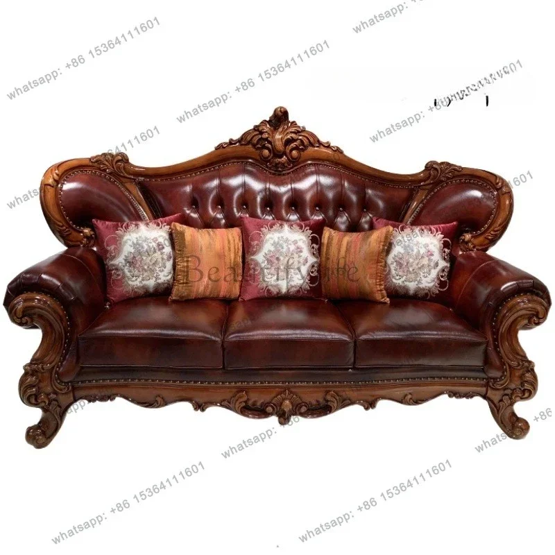 

LJYEuropean leather sofa living room American luxury villa palace retro 123 combination solid wood