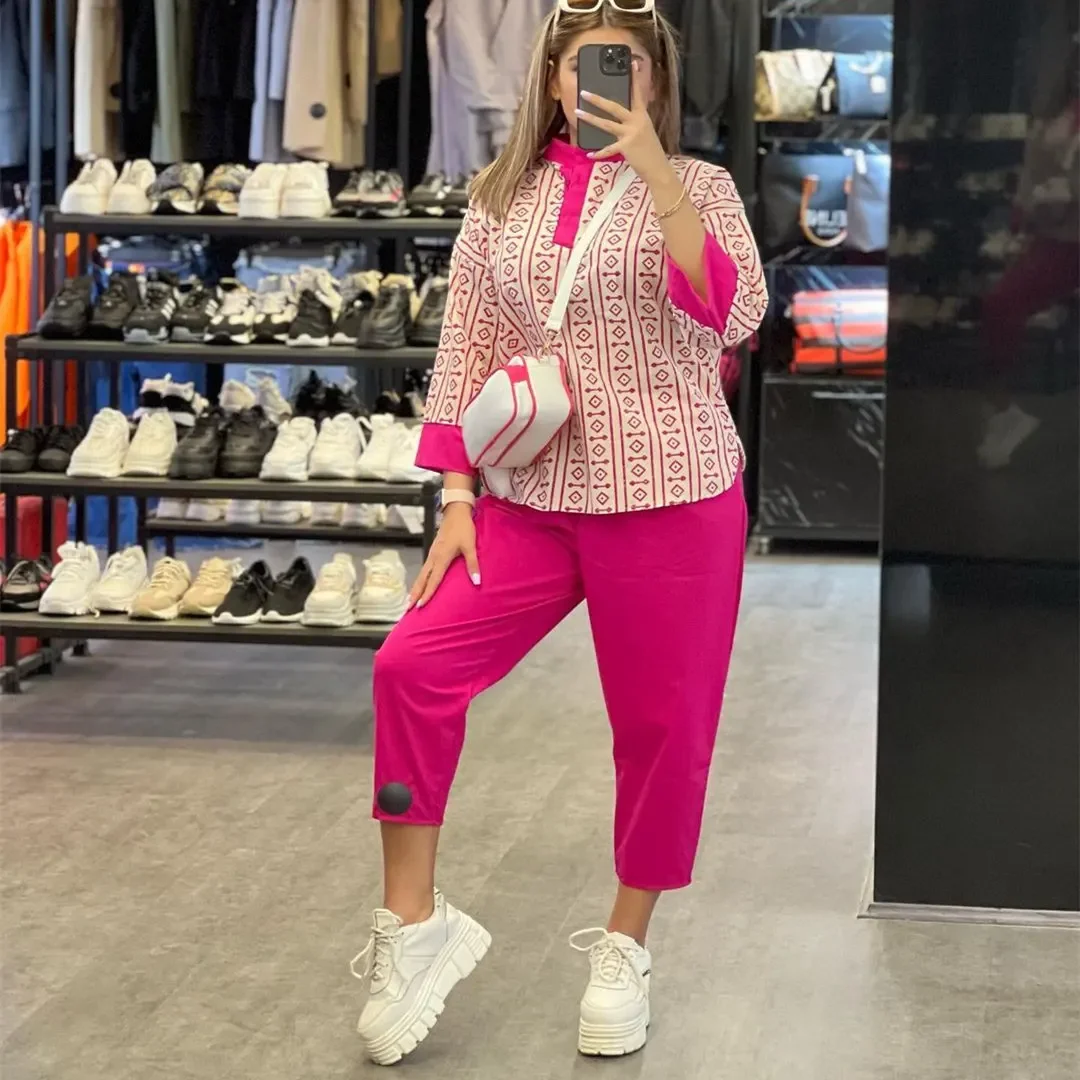 

Women Casual Outfits 2024 Summer Long Sleeve Shirt Loose Suit Female Splice Eid Floral Pants Two Pieces Set Office Lady