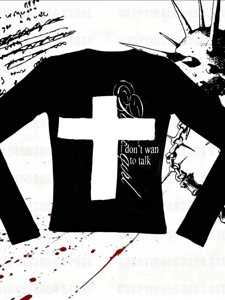 하라주쿠 미학 고딕 크로스 프린트 펑크 소녀용 긴팔 티셔츠 섹시하고 독특한 프린트 캐주얼 탑 Y2K 여성 스트리트