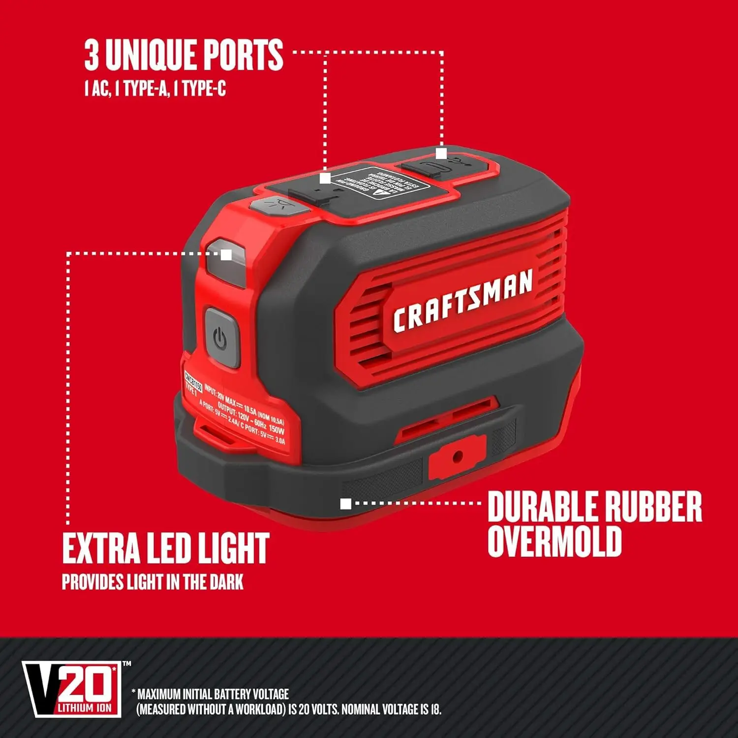 V20 Charger, Power Inverter, Charging Ports for Type-C, Type-A, and AC, 150 Watts, Bare Tool Only (CMCB1150B)