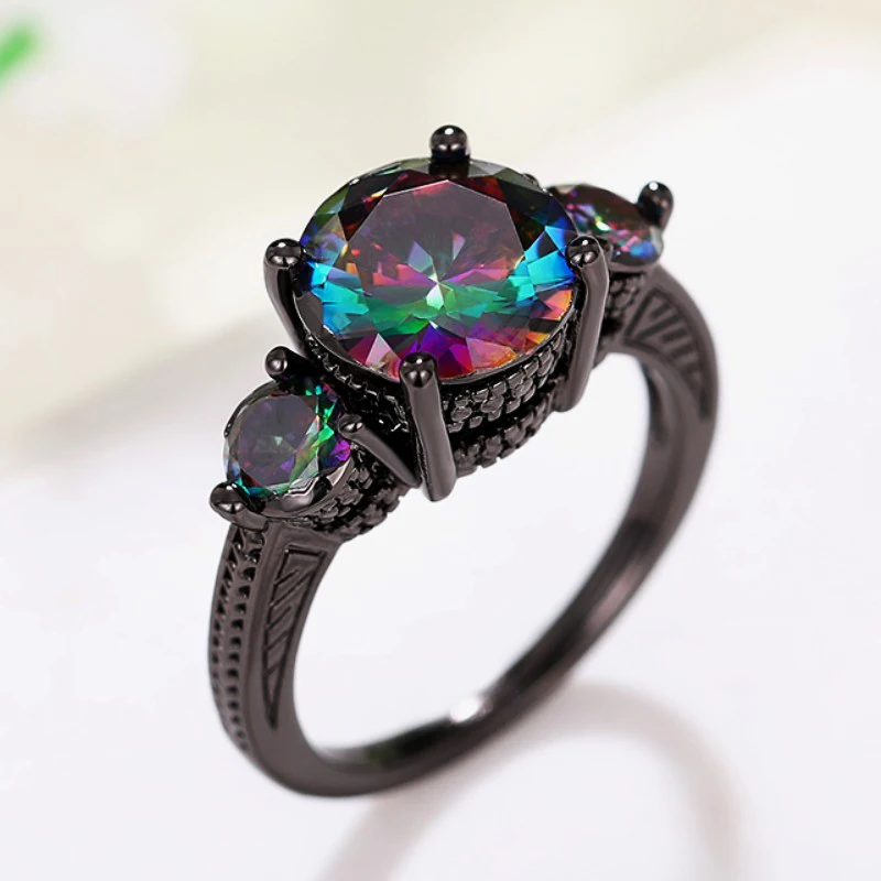 Huitan Frauen einzigartige schwarze Ringe mit mehrfarbigen Zirkonia Ehering Zubehör Vintage Ringe weiblichen Party Schmuck
