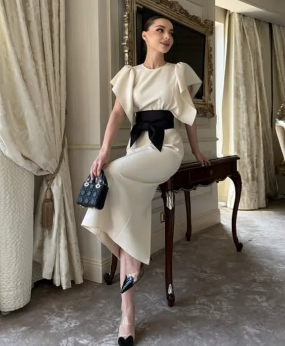 High Quality Customized O-neck Ankle Length Bow Color Contrast Short Sleeves Платье Корейский Стиль Kate Middleton Dress Dresses view 4