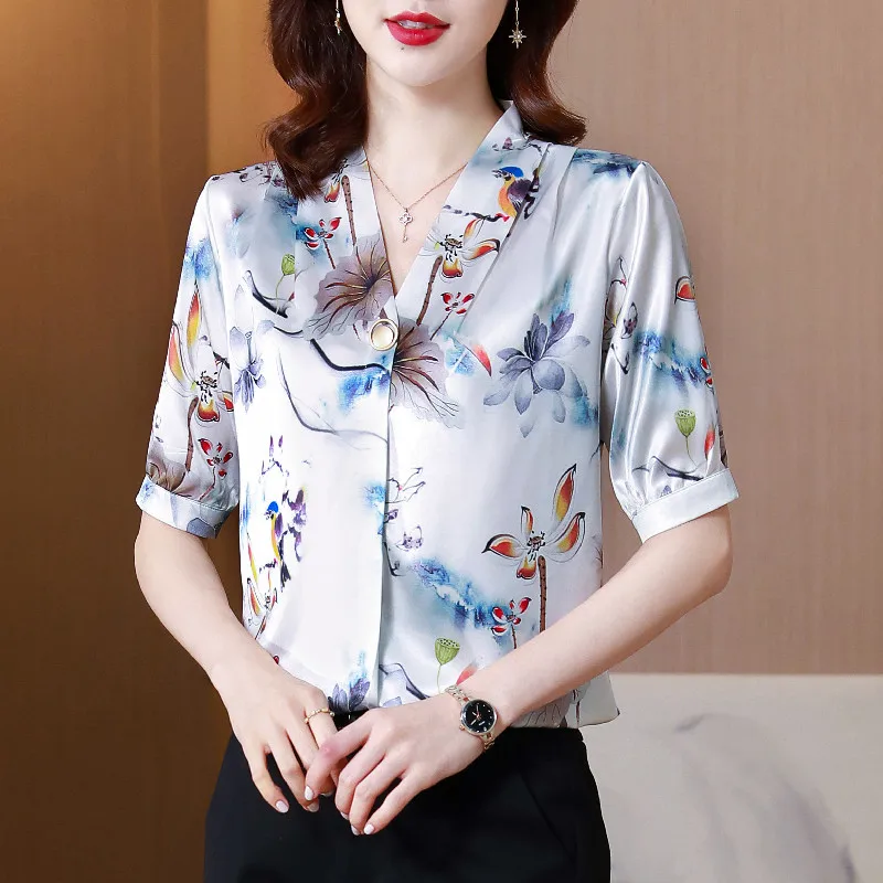 Summer Satin Women Shirt Print V-neck Vintage Blouse Women Fashion Silk Womens Tops and Blouses Casual Woman Elegant Top Shirts