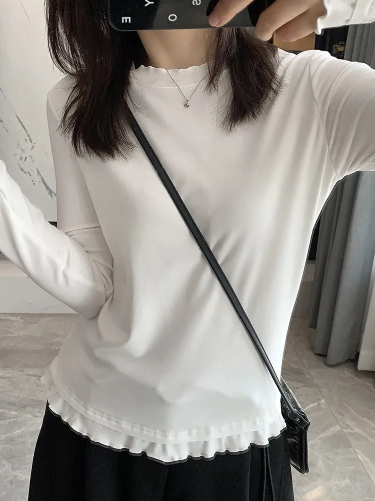 Stylish Long Sleeve Base Shirt Korean Style Elegant Cuffed Fashionable Inner Wear Spring Autumn Winter Delicate Beautiful T-S...