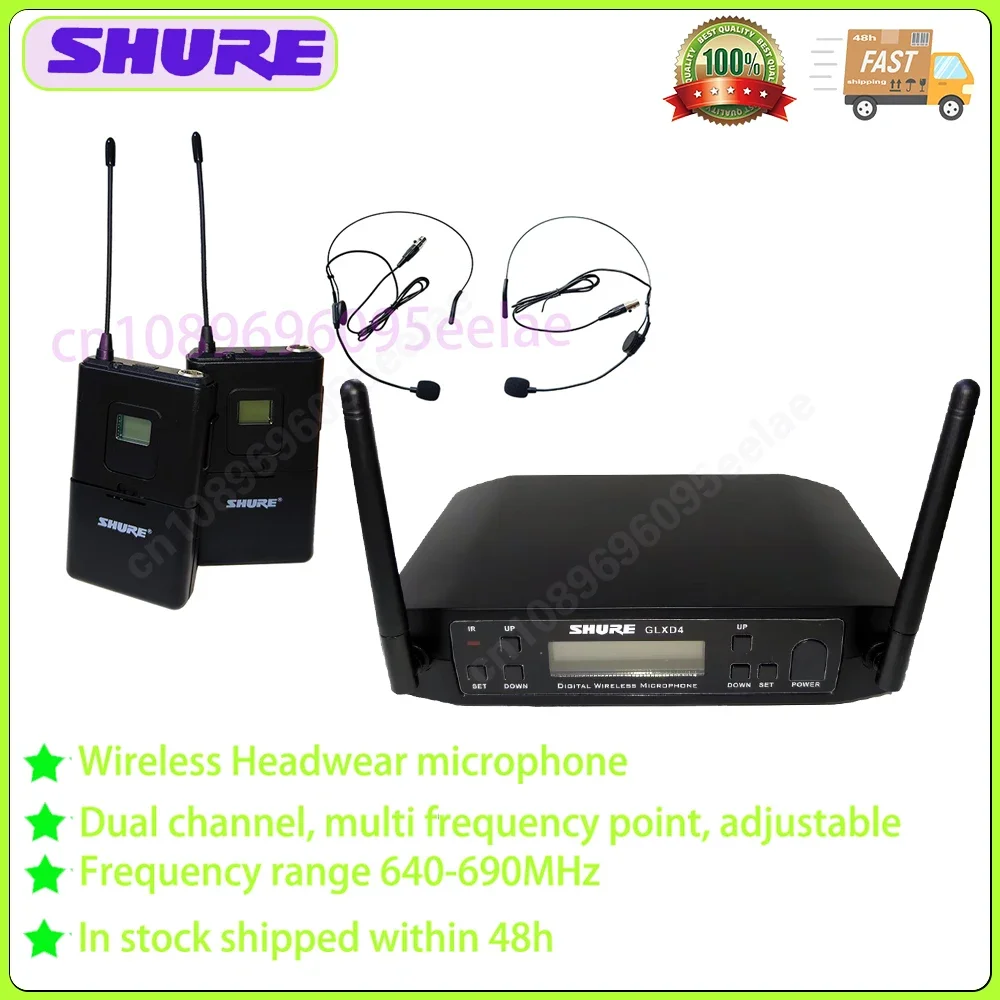 Shure GLXD4 Dual Transmitter UHF Wireless 2 Headwear Microphone 640-690MHz for Karaoke/Speech/Teaching/Tour Guide