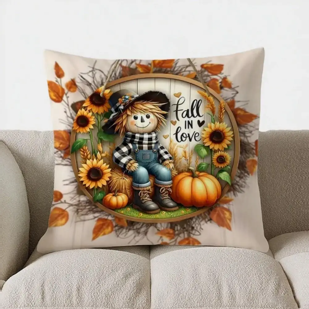 Farmhouse Fall Scarecrow Wreath Throw Pillow Cover Autumn Harvest Cushion Case Thanksgiving Rustic Home Decor Sofa Couch Bed