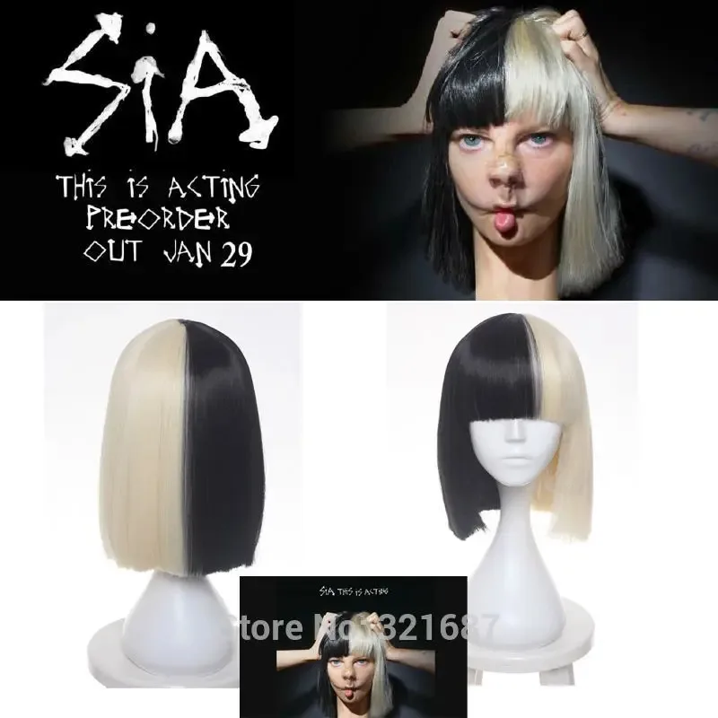 

High Quality Cosplay Wig Sia Alive This Is Acting Half Black and Blonde Short Straight Chrismas Party Wigs Hair + Wig Cap