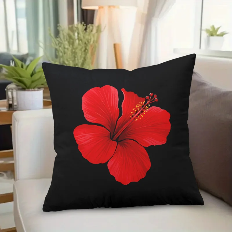 Vibrant Red Hibiscus Flower Pillow Cover Black Background Double-Sided Print 18x18 Inch Square Machine Washable Home Decor