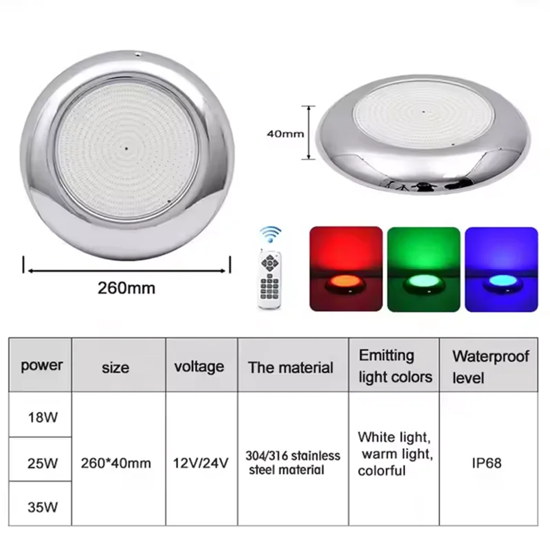 IP68 Resin Filled 35W Stainless Steel Underwater Light Wall Mounted Bulb Outdoor Projector Remote Control Submersible Pool Light